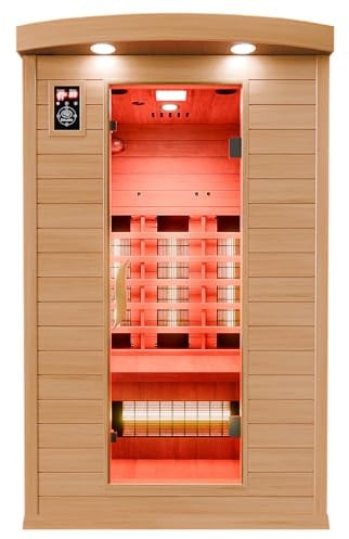 Dewello® Infrarotkabine Infrarotsauna Hyder 115x105 für 1-2 Personen aus Hemlock Holz mit Vollspektrumstrahler, LED-Farblicht, Bluetooth, FM,MP3,USB