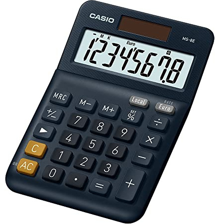 Casio Tischrechner MS-8E, 8-stellig, Währungsumrechnung, Gummifüße, Schnellkorrekturtaste, Solar-/Batteriebetrieb, silber