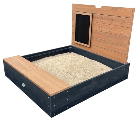 AXI Mandy Sandkasten aus FSC Holz mit Sitzbank, Stauraum, Deckel & Kreidetafel | Sandkasten in Anthrazit & Braun inklusive Bodeplane | 100 x 90 cm