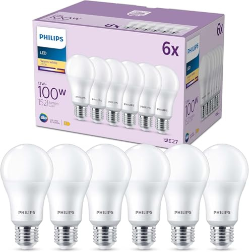 PHILIPS LED E27 Lampen 6-er Pack (100 W), matte LED Lampen mit warmweißem Licht, energiesparende LED Beleuchtung mit langer Nutzlebensdauer, Warmweiß