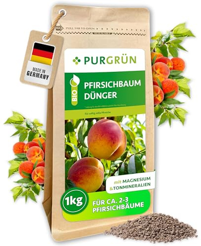 Purgrün® Bio-Pfirsichbaum-Dünger 1 kg – Organisch-mineralische Rezeptur – Feinkörniges Krümelgranulat – NPK 6+3+8 – Mit Magnesium für süße Pfirsiche – Verbessert die Bodenqualität – Chloridarm