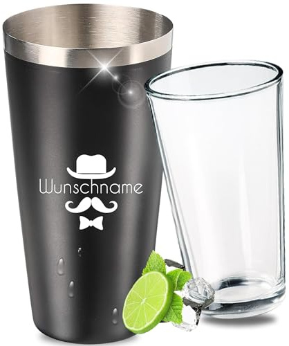 Personalisierter Boston Shaker mit Glas 700 ml - Cocktailshaker Mustache | Barkeeper, Mixgetränke, Edelstahl, Cocktailzubehör, Barzubehör, Party, 700 ml, Sieb integriert, hochwertig