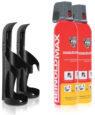 XENOTEC Premium Feuerlöschspray – 2 x 750ml – 2 Wandhalter - Stopfire – Autofeuerlöscher – REINOLDMAX – inklusive Wandhalterung schwarz – wiederverwendbar