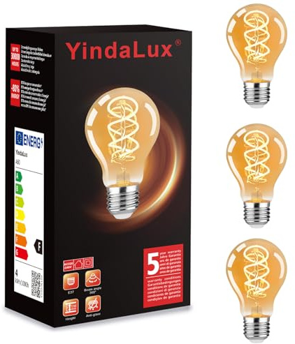 YindaLux Glühbirne E27 LED Warmweiss 2200K Filament Lampe Edison Vintage Leuchtmittel 4W Energiesparlampe Retro Birne Deko für Haus Café Bar 3er A60