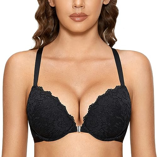 DOBREVA Damen Vorderverschluss Push up BH mit Bügel | Spitzen BHs, Neckholder, Racerback, Tiefer Ausschnitt, Gepolsterter