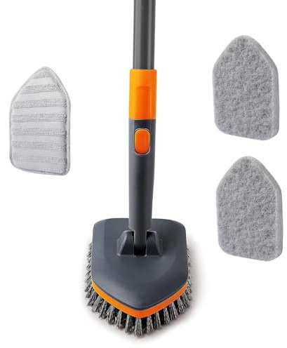 CLEANHOME Schrubber mit Metall Stiel（Verlängerbar: 20–142 cm） Badreiniger 4-in-1 Enthält Bürste、2 Stück Schwammtuch、Mikrofasertücher,Badezimmer Upgrades zum Reinigen von Badewanne,Boden,Fläche,Spalt
