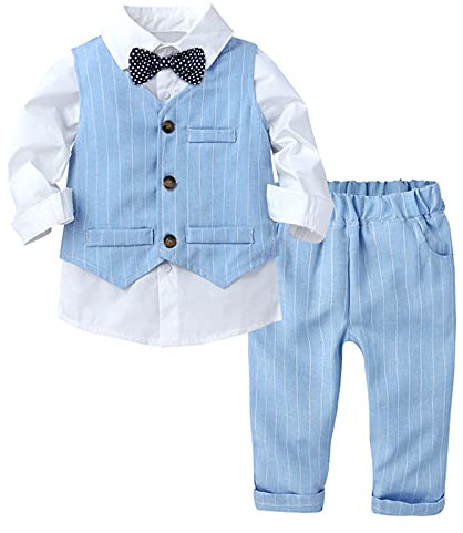 Choomomo Baby Jungen Taufanzug Hochzeitanzug Bekleidungset Festliche Gentleman Outfit Baumwolle Langarm Hemd + Fliege Weste Hose