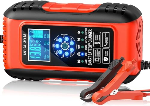 Husgw 10A Autobatterie Ladegerät 12V/24V,mit Temperaturkompensation | Smart Vollautomatische KFZ Batterieladegerät für Auto, Motorrad, LKW, Rasenmäher, Rasenmäher oder Boot
