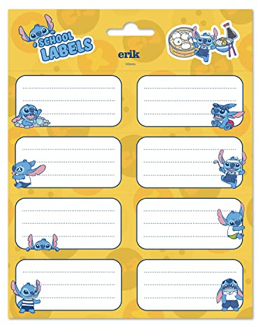 Grupo Erik Aufkleber, Disney Stitch Etiketten mit einer Größe von 8x4 cm und Illustrationen mit den Hauptfiguren, Etiketten zum Beschriften, 16 Klebeetiketten Set