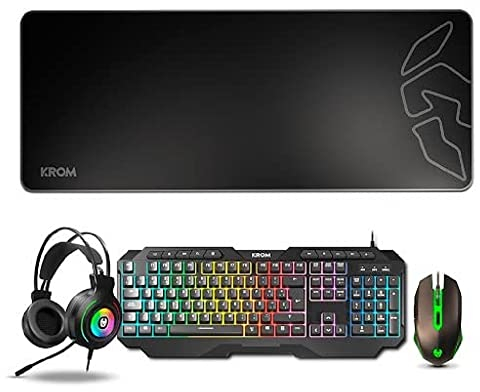 KROM KARRIER - Gaming Pack - RGB Rainbow LED Membrantastatur, 19 Anti-Ghosting-Tasten, Optische Maus 3600 dpi, Stereo-Kopfhörer 50mm, XXL Anti-Rutsch-Gummimauspad, Layout, schwarz