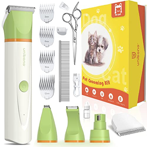 Unibono Leise Hundeschermaschine Katzenrasierer Komplett-Set, Wiederaufladbar Hund Katze Schermaschine wit 4 Multifunktions-Schneidköpfen für Pfoten, Augen, Ohren, Gesicht, Körper, IPX7 Wasserdicht