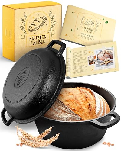 KRUSTENZAUBER Schmortopf mit Deckel oder als Gusseisen Topf zum Brot backen | Cast Iron Pot als hochwertiger Kochtopf inkl. Rezepte vielseitig einsetzbar, als backofengeeigneter Bräter oder Brotbacktopf