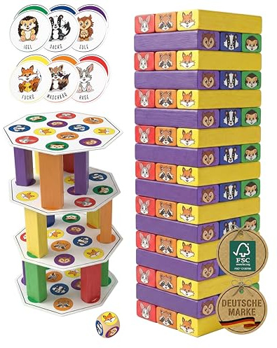 SINNESFUCHS Wackelturm Holz - FSC® 100% Holzspielzeug ab 3 Jahre - kreatives 7 in 1 Lernspielzeug - Stapelspiel Holz Spielzeug - Geschicklichkeitsspiele ab 4 Jahre - Kinder Junge & Mädchen Turm Spiel