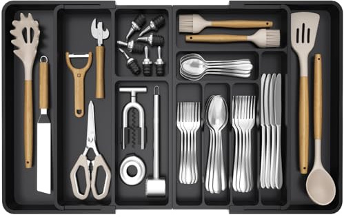 Lifewit Große Besteckkasten für Schubladen, Einstellbar Breite 54,1-91,4 cm, Tiefe 43 cm, 9-11 Fächern, Abnehmbarer Kunststoff Schubladen Organizer Küchen für Messer Gabel Löffel, Schwarz