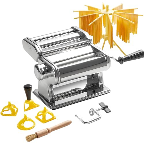 ROSSETTO Manuelle Nudelmaschine mit Trockner, Edelstahl Pastamaschine mit 9 Teigstärken, 2 Schnittbreiten,Für Lasagne, Spaghetti, Fettuccini, Ravioli-Ausstechern