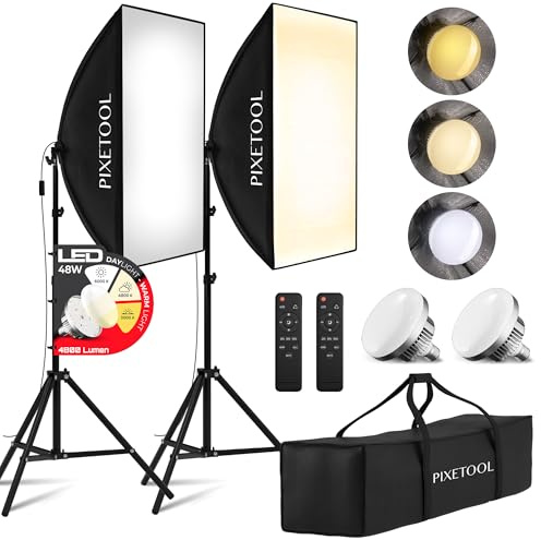 PIXETOOL Fotostudio Set – 2 Softbox 50x70 cm, 2 LED Lampen 4800 Lumen 3000-6000K Licht – Softboxen - Fotolicht Videolicht Fotolampe – Light Streaming Video Fotografie Studiolicht