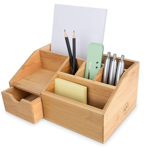 Thingles Bambuswerk Schreibtisch-Organisator aus Holz mit Schublade - Stiftebox, Schreibtischablage - Büro-Organisation, Ablage, Stiftehalter aus Bambus für Schreibtisch, Home-Office