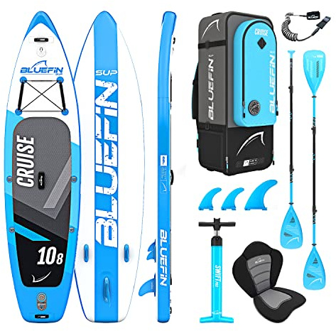 Bluefin Cruise SUP Board Set | Aufblasbares Stand Up Paddle Board | 6 Zoll Dick | Fiberglas Paddel | Kajak Sitz | Komplettes Zubehör | 5-Jahres-Garantie | 10’8, 12’, 15’