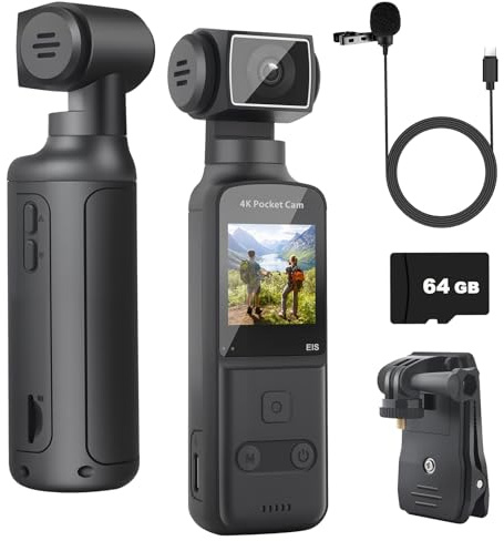 ydi 4K Körperkamera Bodycam Vlog Kamera mit 270° Gedrehtes Objektiv, Externes Mikrofon, 64GB Karte, Pocket Action Cam für Sport im Freien, Fahrrad, Reisen, Polizei, Zivilisten