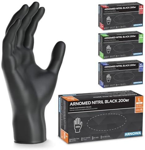 200x ARNOMED Einweghandschuhe Schwarz, Einmalhandschuhe L, Nitrilhandschuhe puderfrei, Handschuhe Einweg latexfrei, Gummihandschuhe Einweg, Handschuhe Nitril, Einmalhandschuhe S, M, L & XL