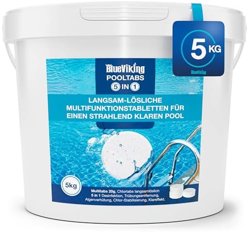 BlueViking Chlortabletten Fuer Pool | 5 in 1 Multitabs 20g, 5 kg | Langzeit-Chlorierung, Algizid & Filterschutz | Made in Europe