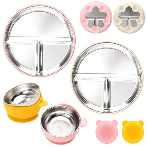 CLDY 2 Stück Edelstahl Baby teller mit Saugnapf - Baby schüssel, BPA-Frei | kinder geschirr set, Geteilte Standfeste Esslernteller Geteilte Teller - Auslaufsicher, spülmaschinenfest (Gelb + Rosa)