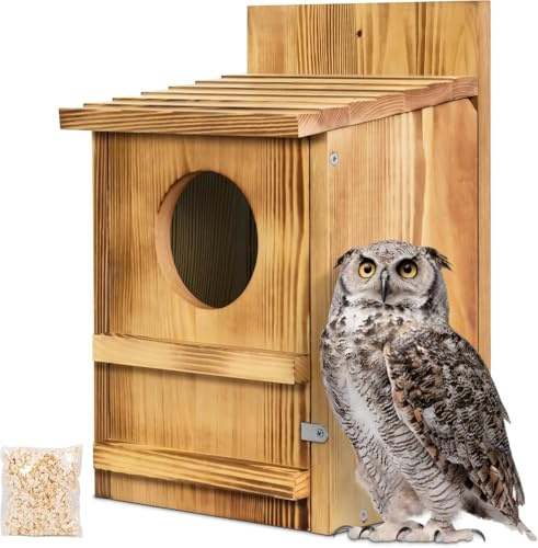 Super Idee Eulenhaus Großer Eulen-Nistkasten aus Holz für Schleiereule Waldkauz Streifenkauz Waldohreule Bartkauz Käuzchen Nistkasten für Vögel Rustikale Gartendekoration Vogelhaus