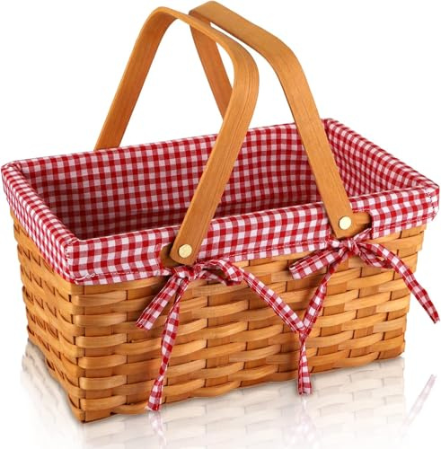 Bekith Picknickkorb Geschenkkorb Handgefertigtes Natur Wicker Camping Picknickkorb Mit Futter Präsentkorb für Picknick Wandern Camping, 32x20x16,5cm