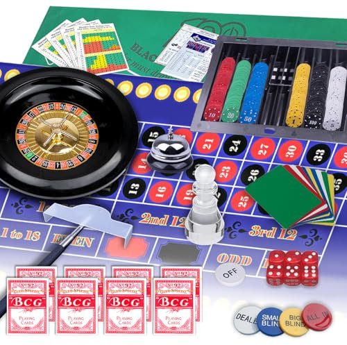 5-in-1-Casino-Spiel-Set: Blackjack/Roulette/Craps/Texas Holdem/Pokerspiel-Set mit 360 Chip+8 Deckkarten+Roulette-Rad+2 zweiseitiger Filz+6 Würfel+Stratedgy-Karte+Chip-Rake+Zubehör, Casino Night