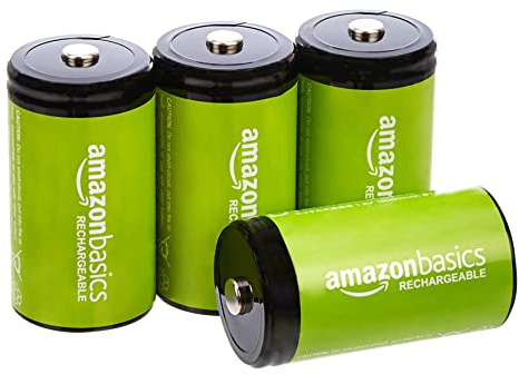 Amazon Basics NiMH-Akkus, Typ D (Monozellen), wiederaufladbar, 10 000 mAh, bis zu 1000-mal aufladbar, vorgeladen, 4 Stück