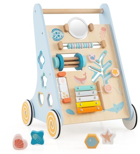 DREAMADE Lauflernwagen Holz, multifunktionale Lauflernhilfe mit Montessori Spielzeug, Schiebe- und Zieh-Lernaktivitätszentrum mit Rädern, Baby Walker für Jungen und Mädchen