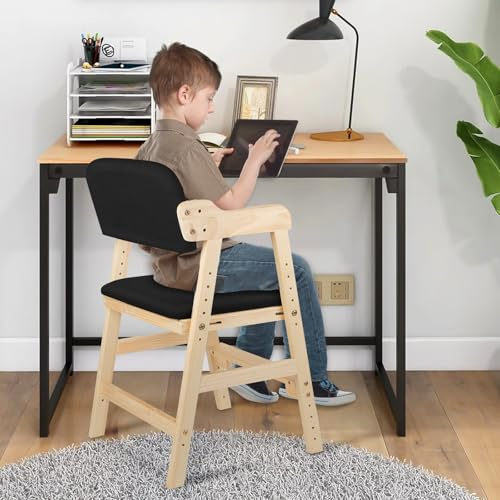 Höhenverstellbar Kinder Hochstuhl, Holz Stuh, Esszimmerstühle mit Rückenlehne, für Haus Esszimmer und Wohnzimmer,Schwarz