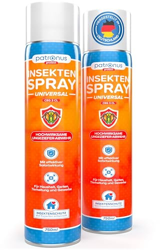 Patronus Insektenspray Universal für Wohnung mit Sofortschutz 2x 750 ml zur Abwehr von zahlreichen Insekten - Hochwirksames Ungeziefer-Spray mit dezentem Zitrusduft, Aus deutscher Produktion