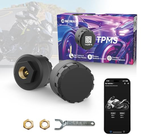 ​​Moman Motorrad TPMS 2 Sensoren Reifendruck-Kontrollsystem mit App, Reifendruck & Temperatur Monitor mit Alarmfunktion, Nur iOS & Android Kompatibel​​