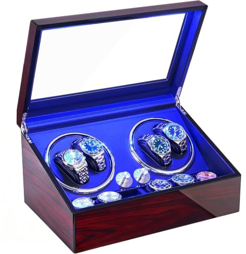ANWBROAD Uhrenbeweger 4 Uhren+6 Staufächer, Automatik Watch Winder mit LED | Automatik Uhrendreher mit 4 Rotationsmodi, Leisem Mabuchi Motor, USB-Aufladung, Klavierlack für Herren und Damen JWW002R