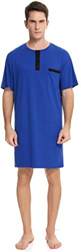 Enjoyoself Herren Baumwolle Pyjama Tops Weich Atmungsaktiv Nachthemd Knielang Nachtshirts Kurzarm Nachtwäsche Lounge Wear