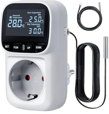 Temperatursteuerung Steckdose 16A/3680W -40°C~120°C | Digitales Thermostat | 5M + 2M Kabel Sensoren | Heizen/Kühlen | Zyklustimer/Countdown- Weiß