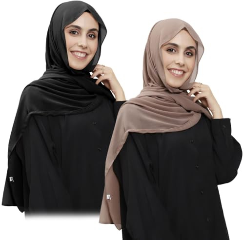 Besforta 2 x Chiffon-Hijab für Damen, mit eingebautem Magnet und eingenähter Unterkappe, Kopfwickel unter dem Schal, Schwarz und Khaki, One Size