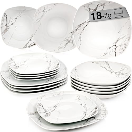 SÄNGER Tafelservice Bilgola Marmor Weiß, 18-teiliges Geschirrset | für 6 Personen mit Suppen-, Dessert- & Speisetellern aus Porzellan, Teller Set, Essgeschirr, Eckig
