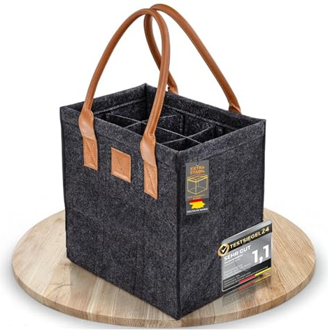 GOLDFALKE Flaschenträger für 6 Flaschen 1,5l EXTRA STABIL aus Filz – Flaschenkorb, Flaschentasche, Getränkekorb für Bier, Wein & Pfandflaschen – Flaschenaufbewahrung & Getränketräger (6 Fächer grau)