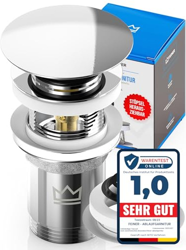 FEINER® Universal Waschbecken Ablaufgarnitur – Passend für Waschbecken & Waschtische mit und ohne Überlauf, Stöpsel herausziehbar mit Haarfänger, inklusive GRATIS Ersatzdichtungen & Einbauanleitung