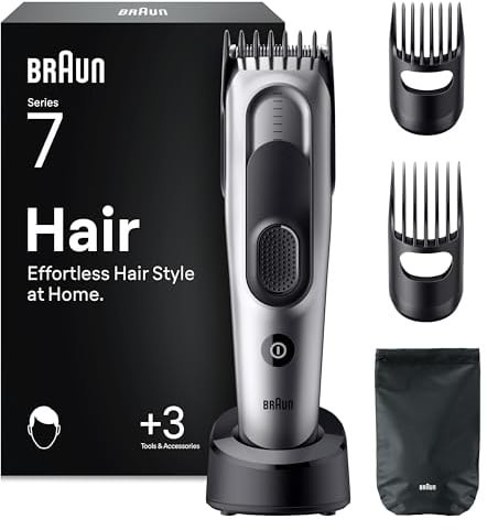Braun Haarschneider Series 7, Kabelloser Haarschneidemaschine Herren, HC7590, Grau - Haartrimmer mit 17 Längen, Trimmer mit 50 Min. Akku, Wasserdicht, Inkl. 5 Extras und Ultrascharfer Klingen