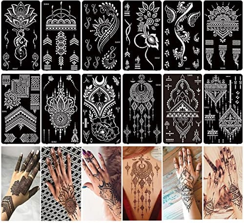 12 Blatt Temporäre Henna Tattoo Schablonen Kit | Für Hände Unterarm, Indische, Wiederverwendbar, Temporäre Tattoo Aufkleber, Für Frauen Mädchen