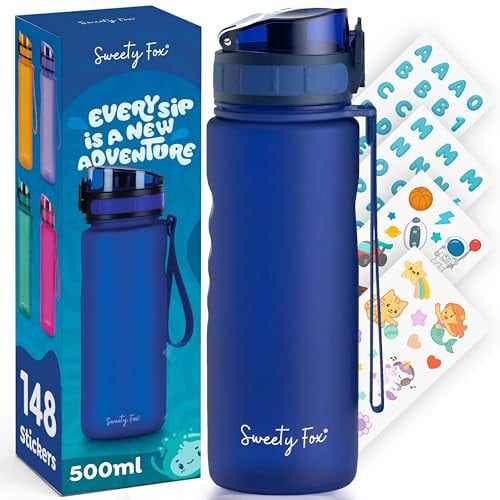 Sweety Fox - Kinder-Trinkflasche Kohlensäure Geeignet 500ml - Blau | Trinkflasche Sport 100% Auslaufsicher & Wasserflasche Spülmaschinenfest