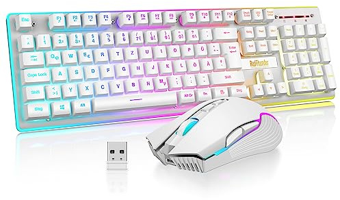 RedThunder K10 Kabelloses Gaming Tastatur und Maus Set, QWERTZ DE-Layout LED Hintergrundbeleuchtung, 3000mA Batteriekapazität und 3200 DPI für Gamer(Weiß)