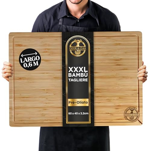 Deer & Oak Schneidebrett Holz XXXL 60 x 40 x 3,2cm Premium Holzbrett Küche, 60cm Bambus Schneidebrett, Schneidebretter zum Servieren, Tranchieren – Doppelseitig, Vorgeölt, Saftrillen, Seitengriffe