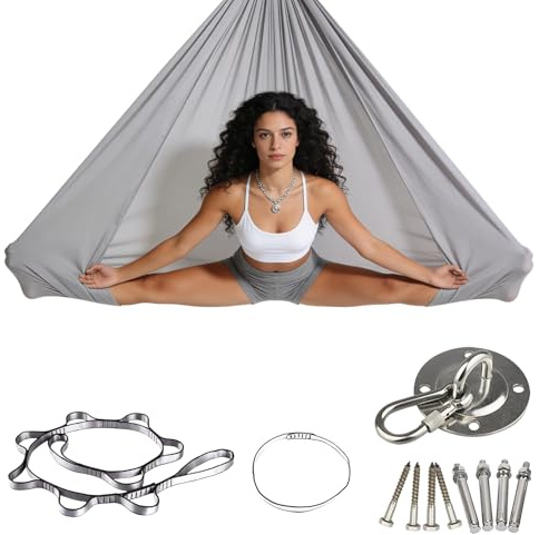 Aerial Yoga Hängematte Set, Aerial Yoga Swing Air Fliegen, Schaukel Indoor, Schaukeltuch, Schaukel Hammock Swing, 200 KG Belastbarkeit, mit Verlängerungsgurt, Karabiner, Zubehör (Grau,150x280CM)