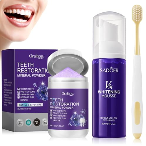 Znnhnn Lila Zahnweißung Sets,mit Zahnreparatur Mineralpuder 50g + Zahnweißung Mousse 60ml +Zahnbürste,Zahnpulver für Zahnfleckenentfernung und Farbkorrektur,Weiße Zähne