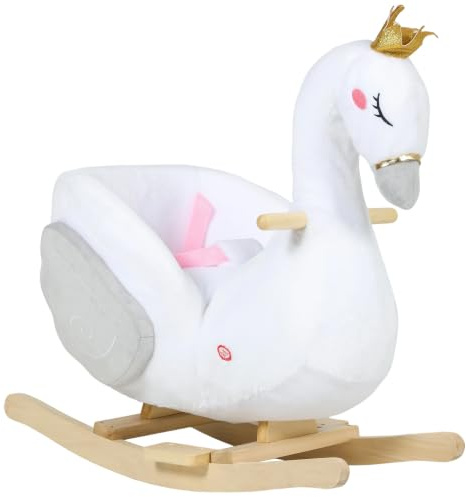 AIYAPLAY Schaukeltier Schwan-Schaukel mit Schlaflied für 1,5-3 Jahre Weiß | Weiche Füllung, Holzrahmen, Sicherheitsgurt, Plüsch, Max. 25 kg