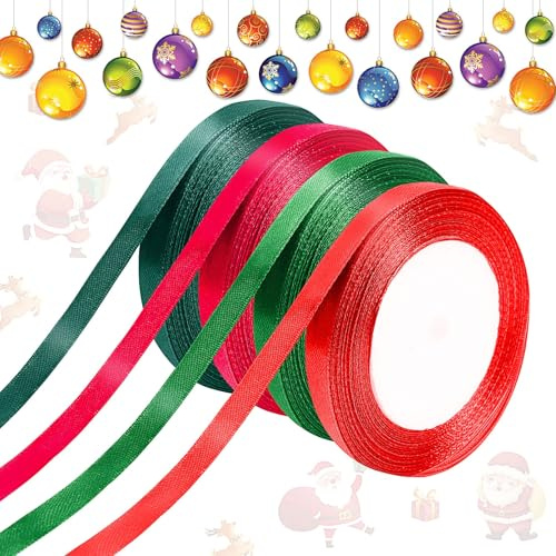 Augshy 4 Rollen Geschenkband Weihnachten, Schleifenband Weihnachten, Polyesterband für Geschenke und Deko(Rot, Grün, Weinrot, Dunkelgrün)